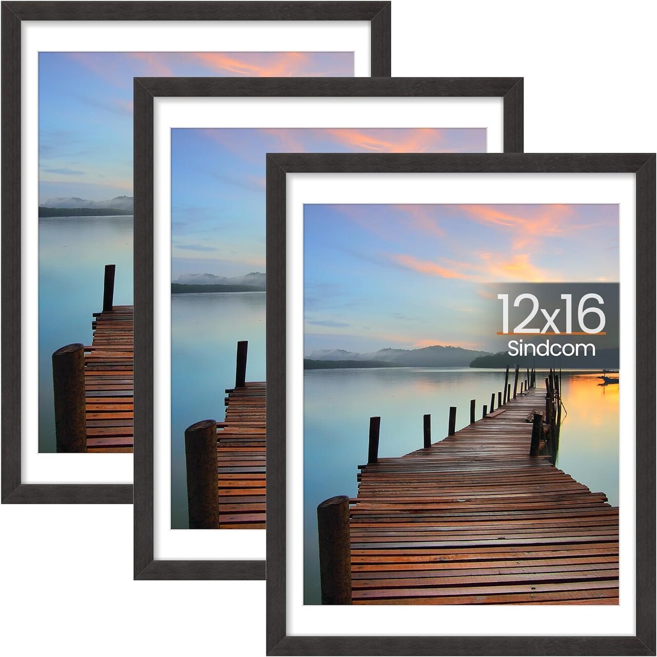 12x16 Frame 3 Pack, with Detachable Mat for 11x14 Pictures, Wall Mounting Charcoal Grey Photo Frame, Pre-Installed Hanging Hooks for Portrait or Landscape Mode